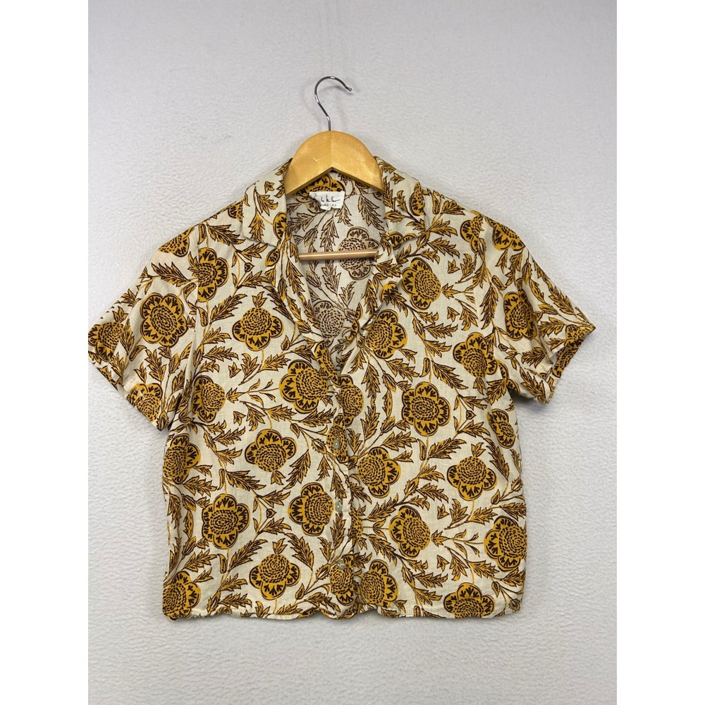 Boho Floral Nicole Miller New York Womens XS Yellow Linen Blend Button Up Shirt